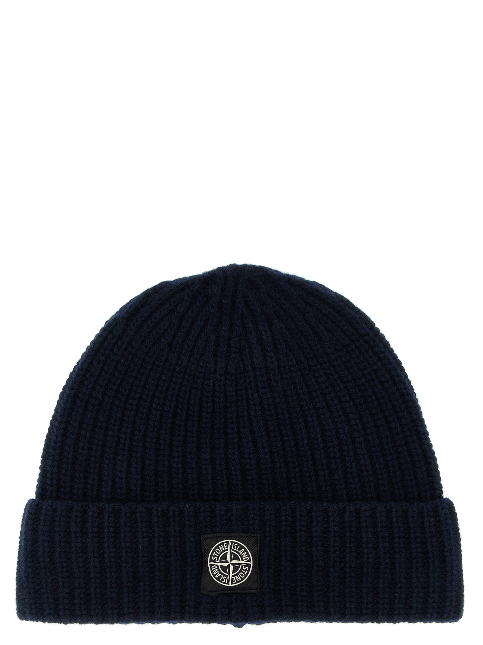 Stone Island Beanie With Compass Patch And Ribbed Cuff In Blue