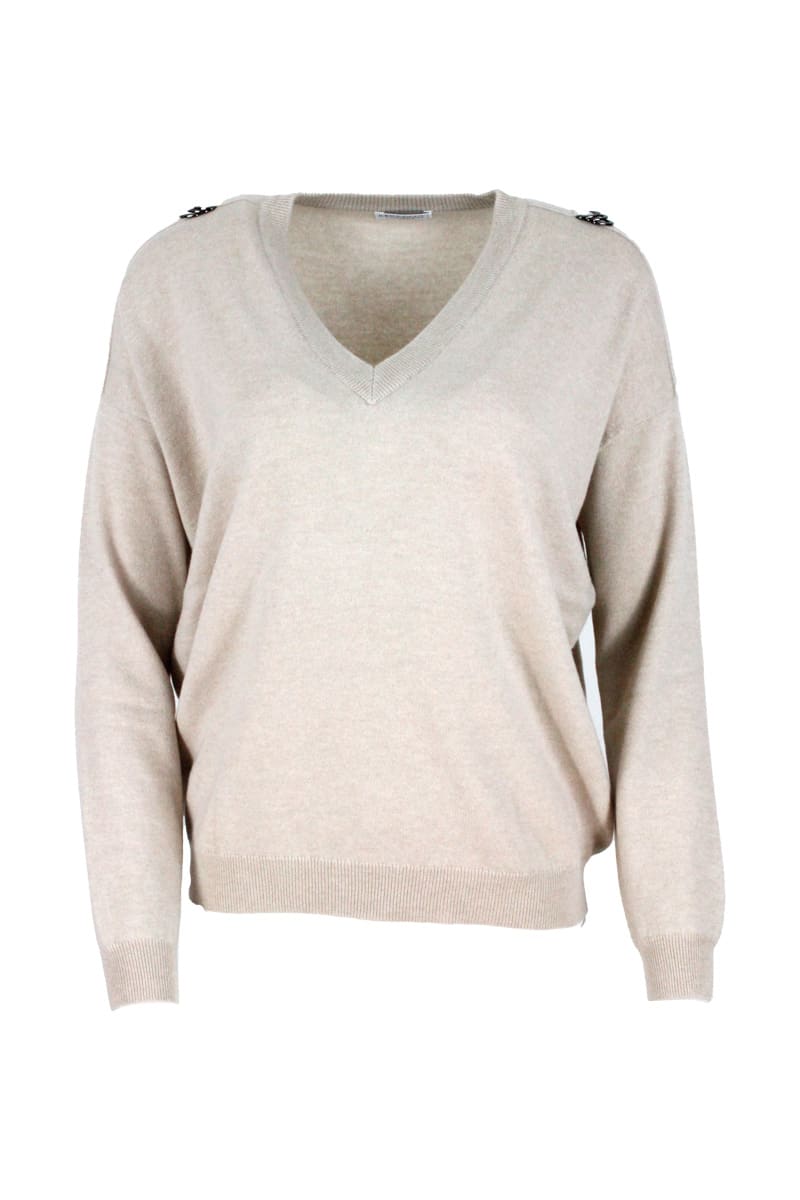 Brunello Cucinelli Cashmere V-neck Sweater With Cashmere Shoulder Detail