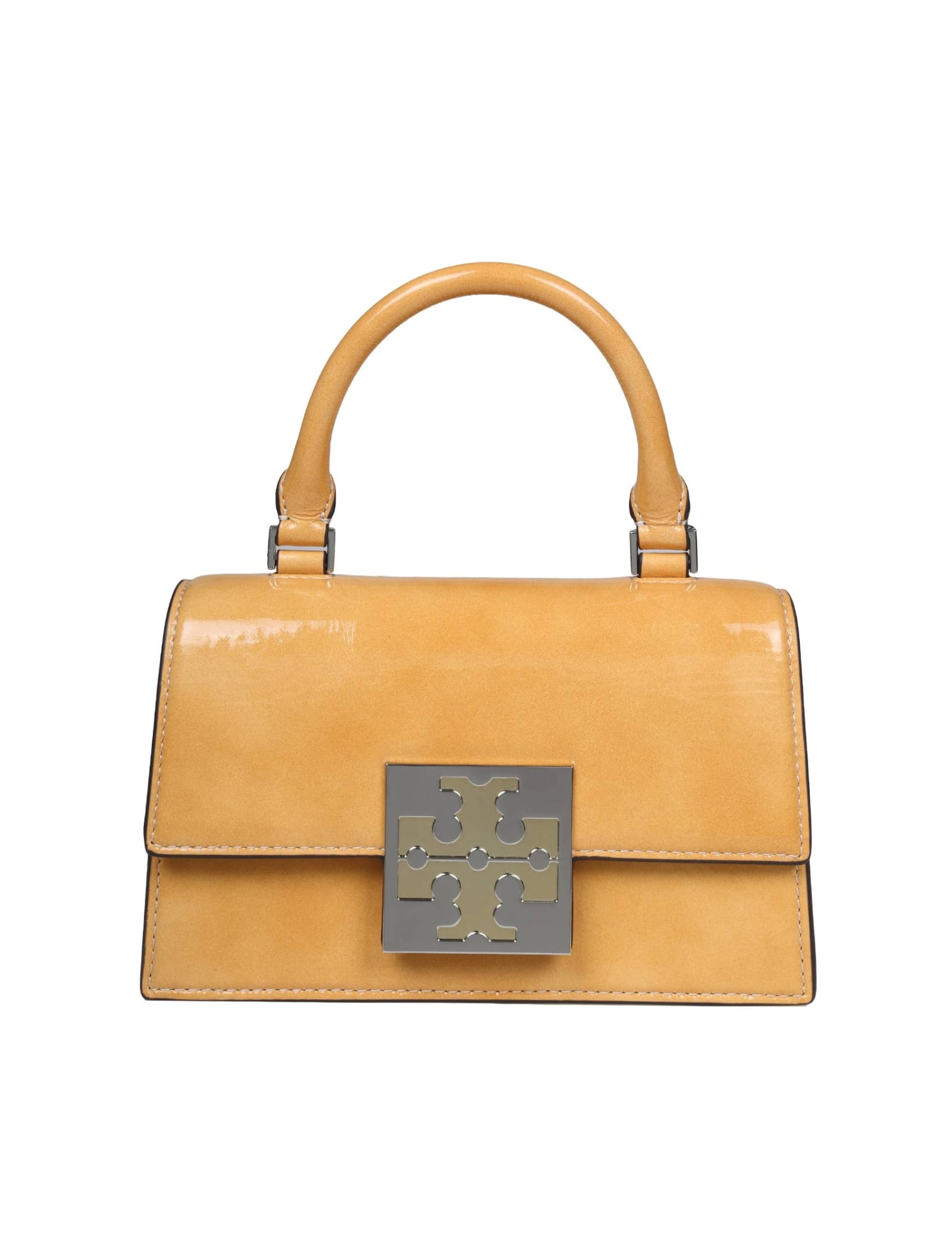 TORY BURCH MINI TOP HANDLE BAG IN MANGO COLOR GLOSSY LEATHER