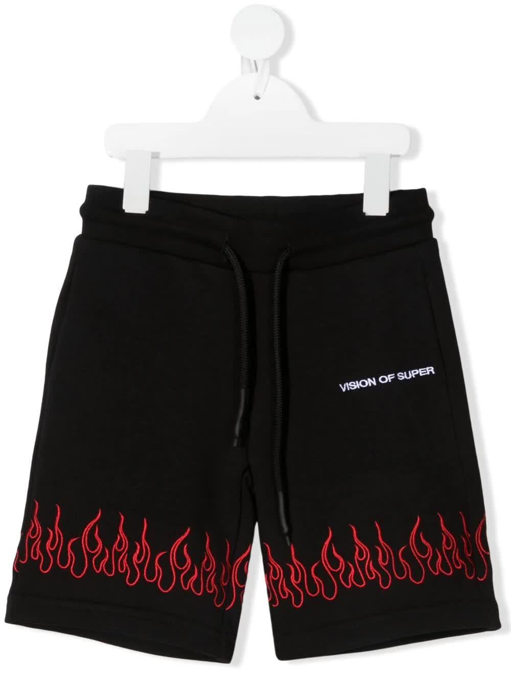 Vision of Super Black Sports Bermuda With Embroidered Red Flames