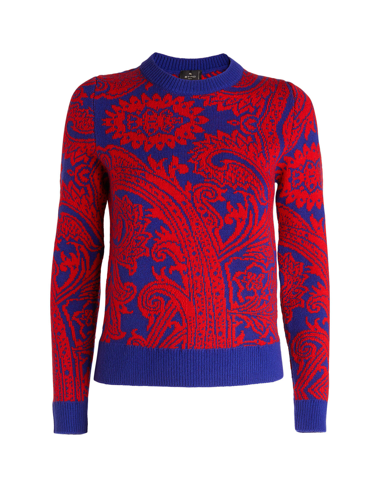 Etro Woman Blue And Red Jacquard Wool Sweater With Paisley Pattern
