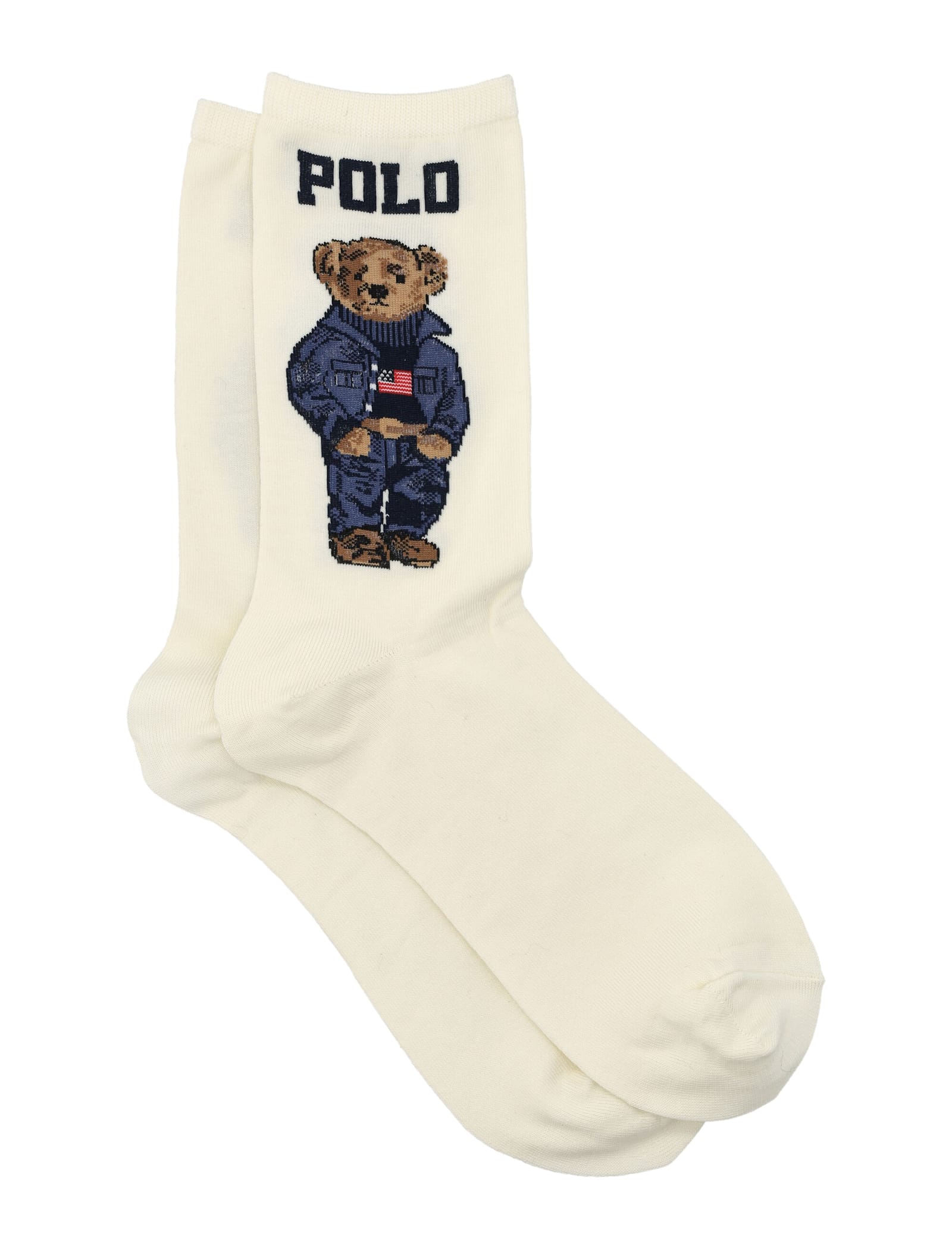Polo Ralph Lauren Americana Bear Cotton Blend Crew Socks In Avorio