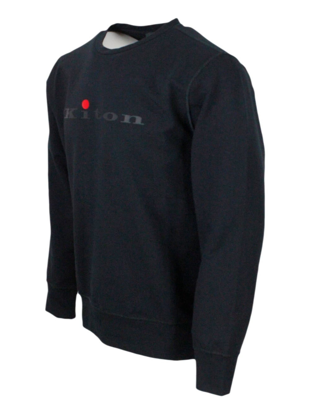 Shop Kiton Long-sleeved Crew-neck Sweatshirt In Fine Stretch Cotton With Logo Writing On The Chest In Blu