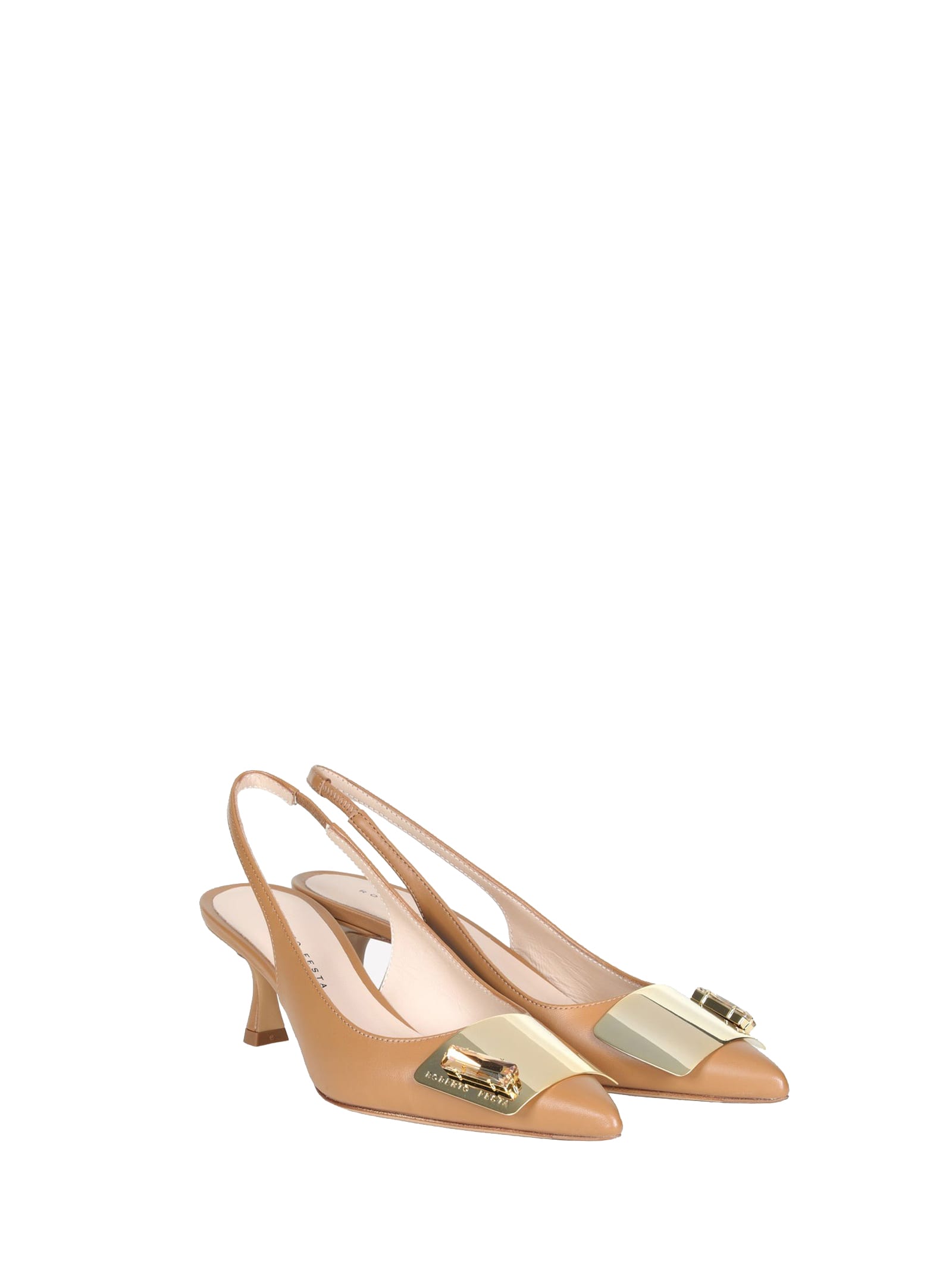 Shop Roberto Festa Chanel Slingback In Softy Camel With Plaque Accessory