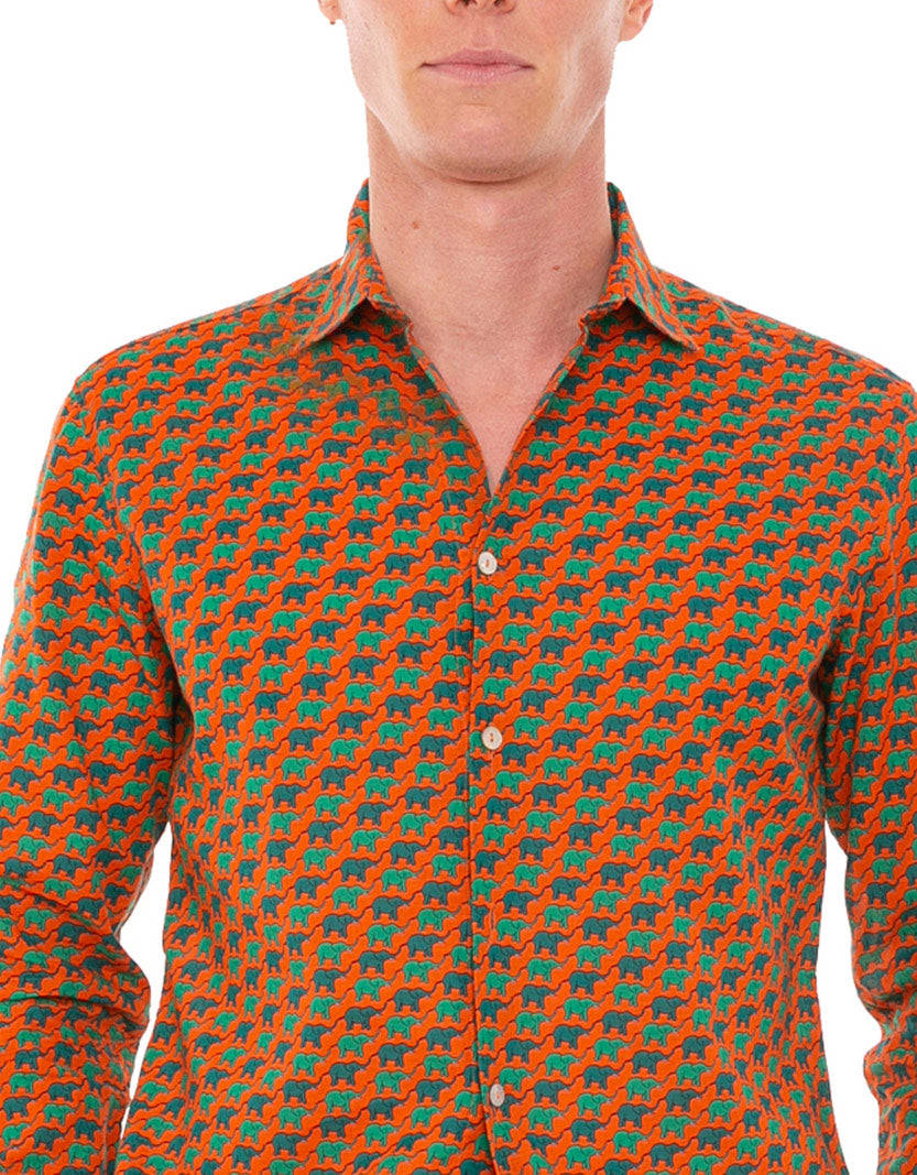 Mc2 Saint Barth Man Cotton Shirt Elephants Print In Orange