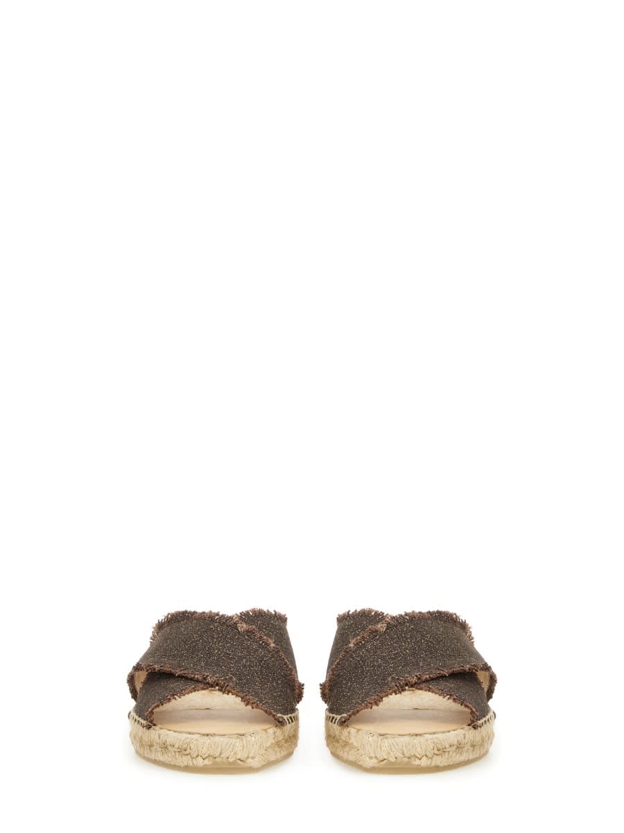 Castaã±er Cross Strap Espadrille Sandal With Frayed Edges In Brown