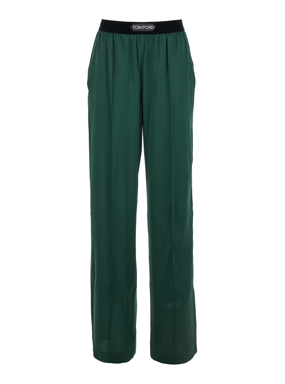 Shop Tom Ford Green Relaxed Pants With Logo Detail In Stretch Silk Woman