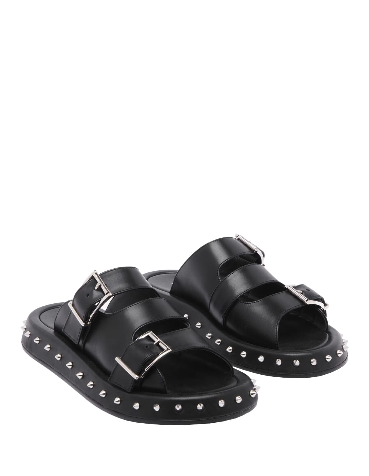 Shop Alexander Mcqueen Low Sandals With Buckle In Black/silver