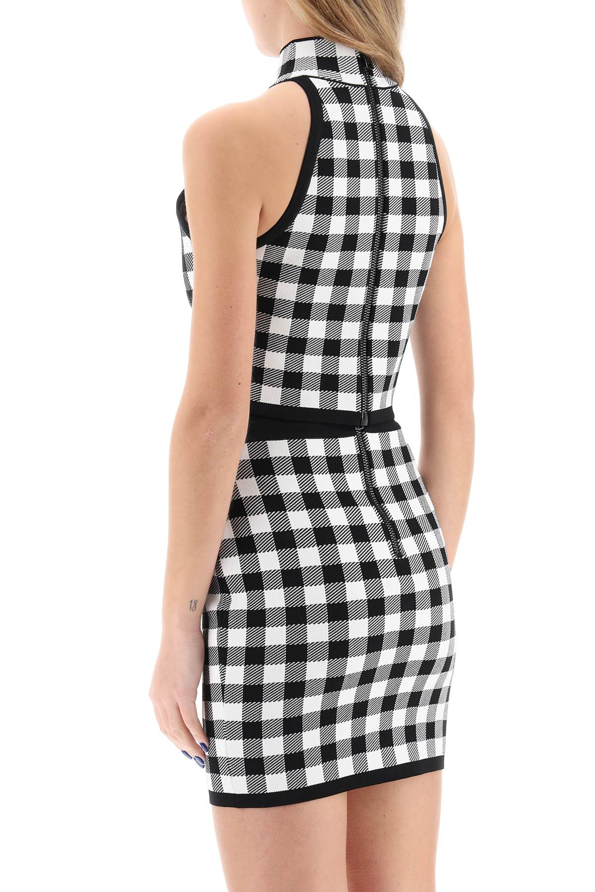 Shop Balmain Gingham Knit Cropped Top With Embossed Buttons In Noir/blanc