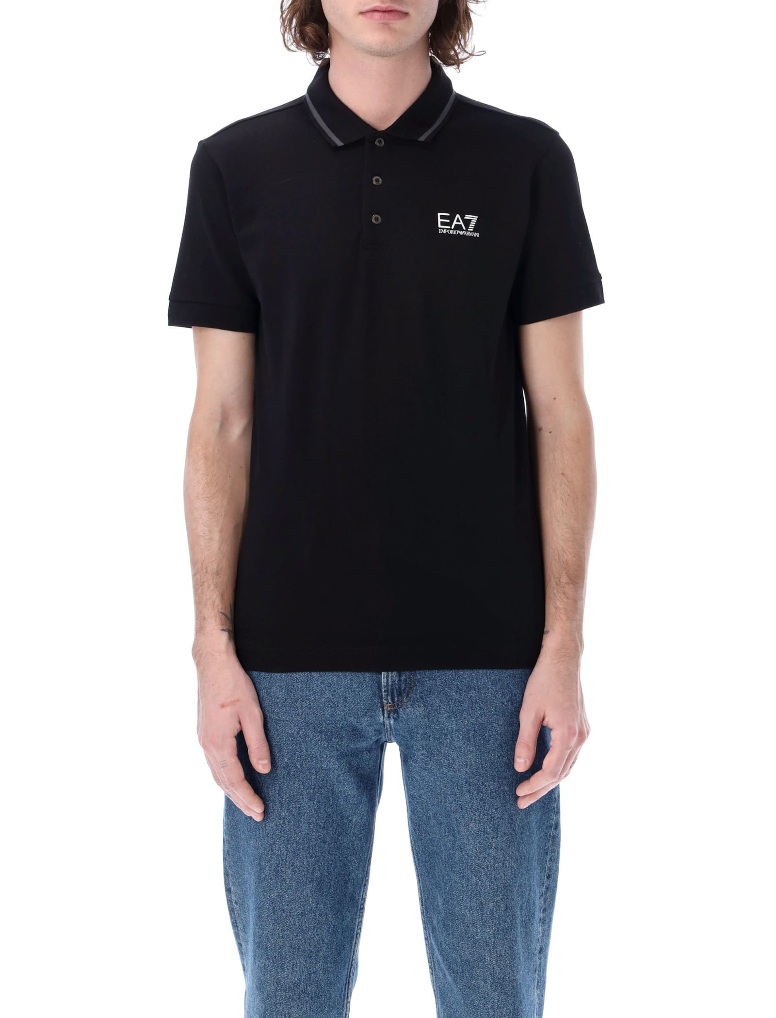 Ea7 Core Identity Stretch Piqué Polo Shirt In Black