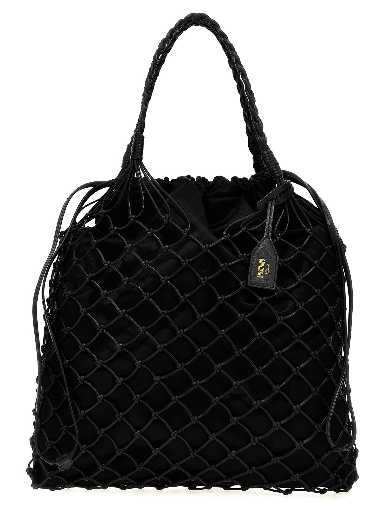 Shop Moschino Woven Nappa Leather Shopping Bag In Black