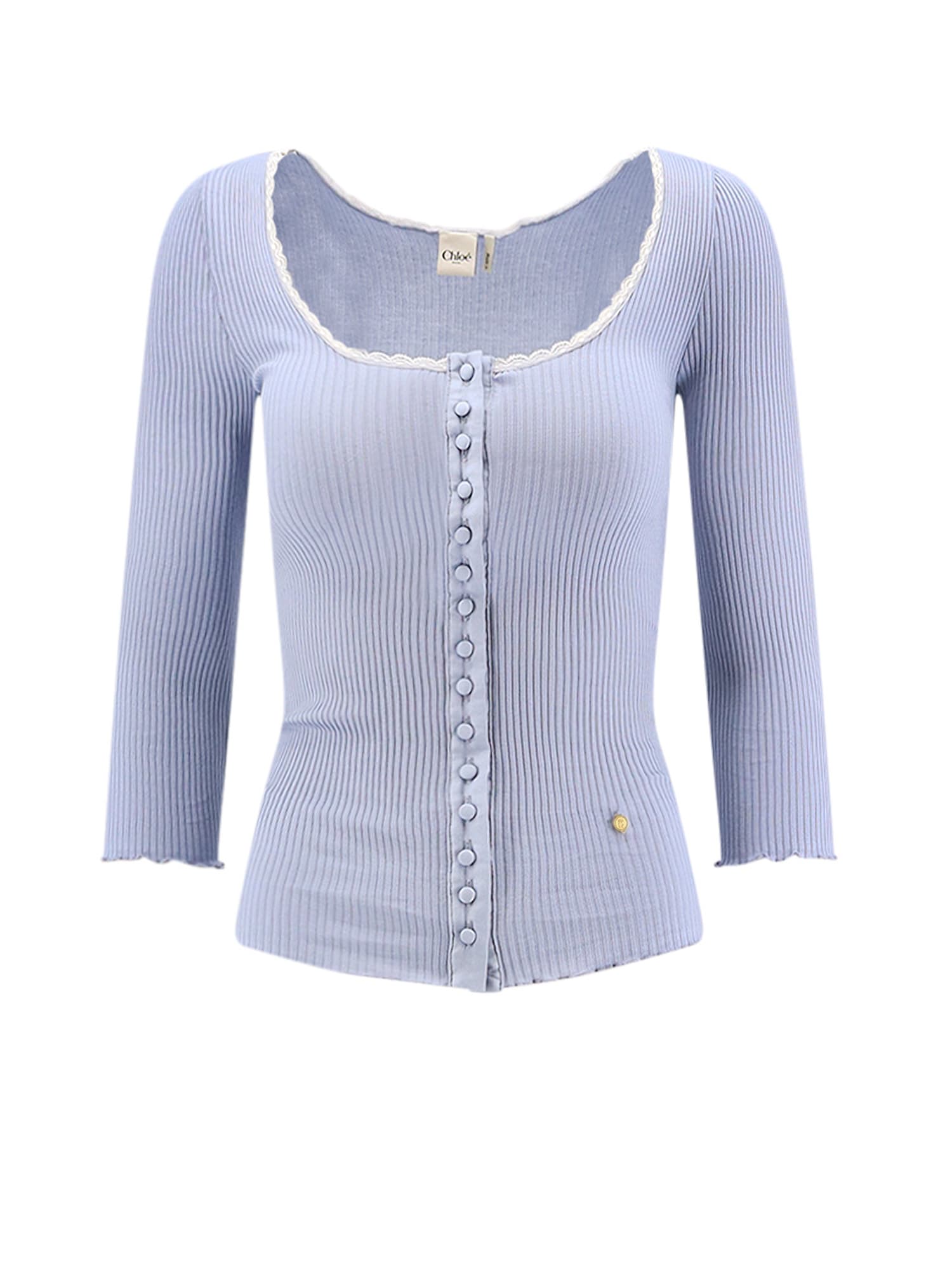 Chloé Ribbed Cotton Shirt With Lace Insert In Blue