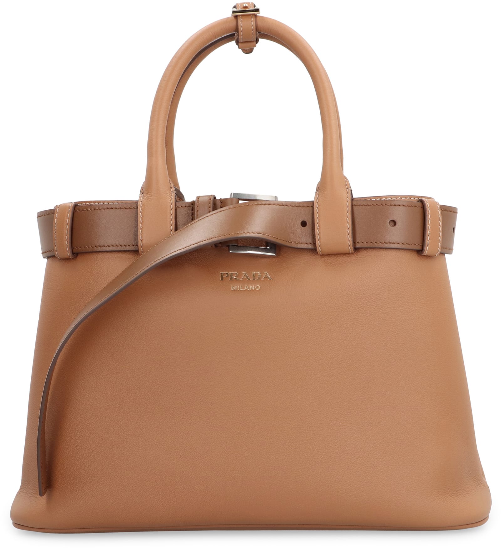 Prada Buckle Leather Bag In Saddle Brown