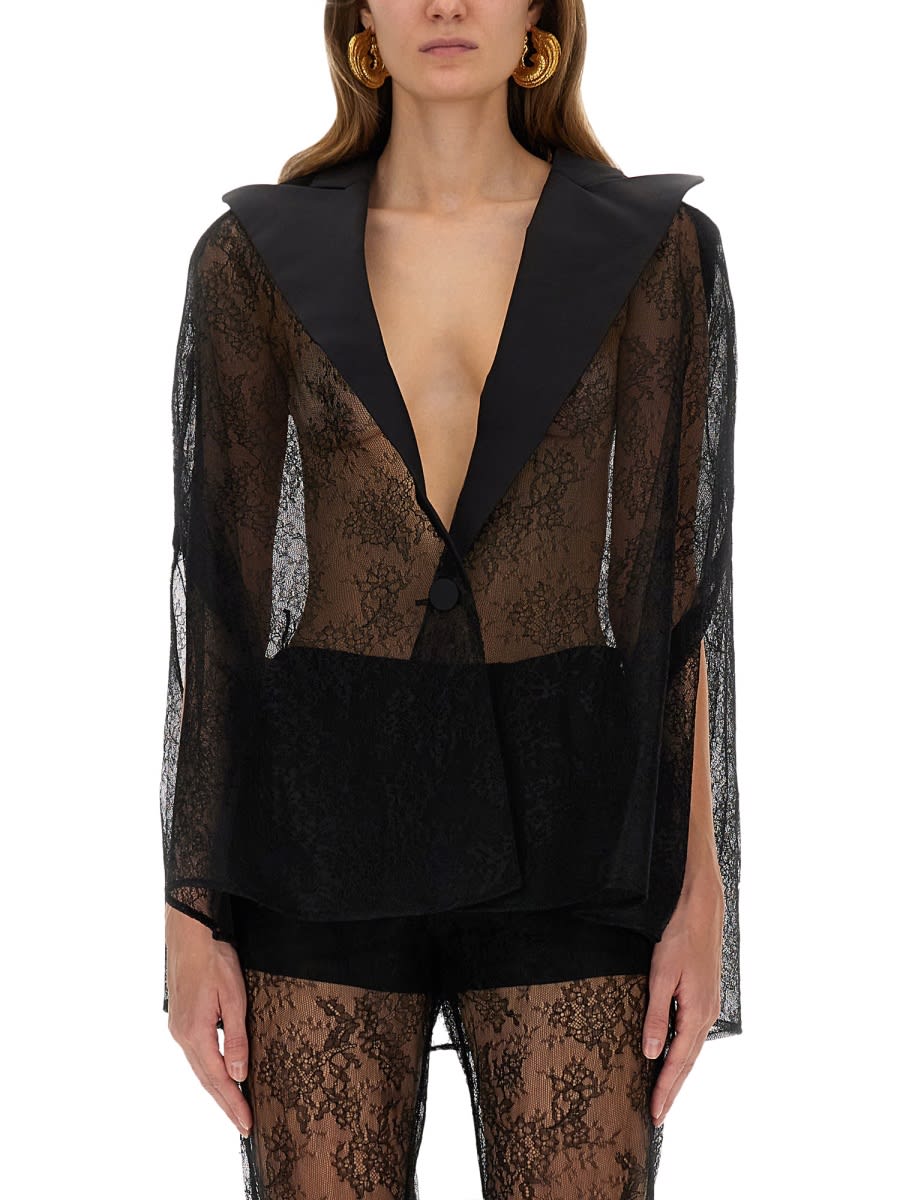 Nina Ricci Sheer Lace Deep V-neck Long Sleeve Top In Black