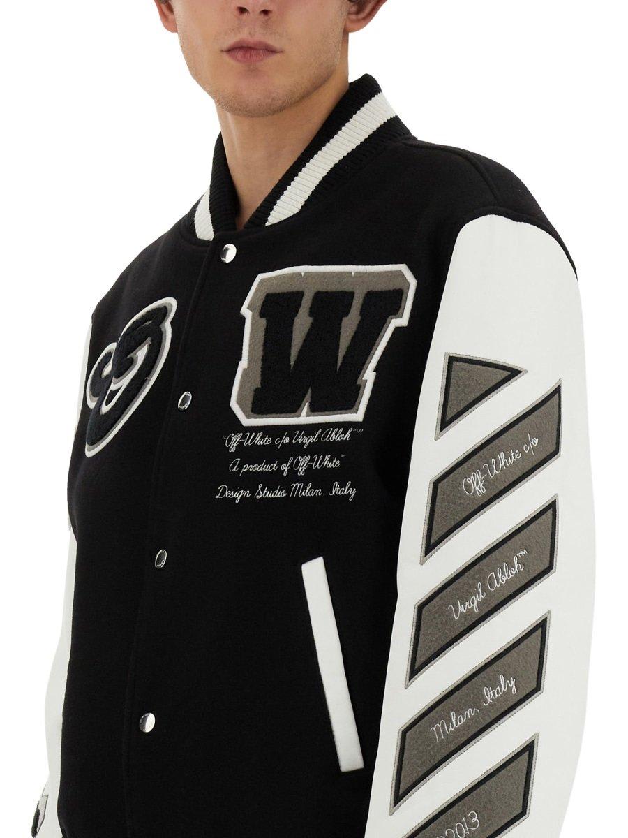 Shop Off-white Lea Appliqu Ong-sleeved Varsity Jacket In Black