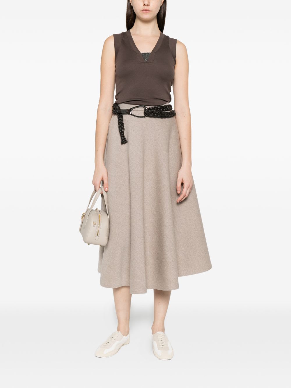 Brunello Cucinelli Cotton Tank V Neck Stretch Ribbed Top In Brown