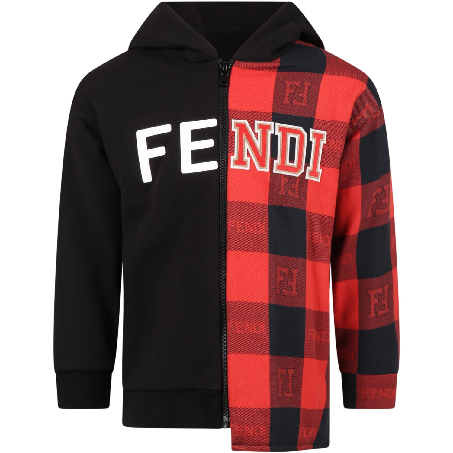 Fendi Black Sweatshirt For Kids With Red Check