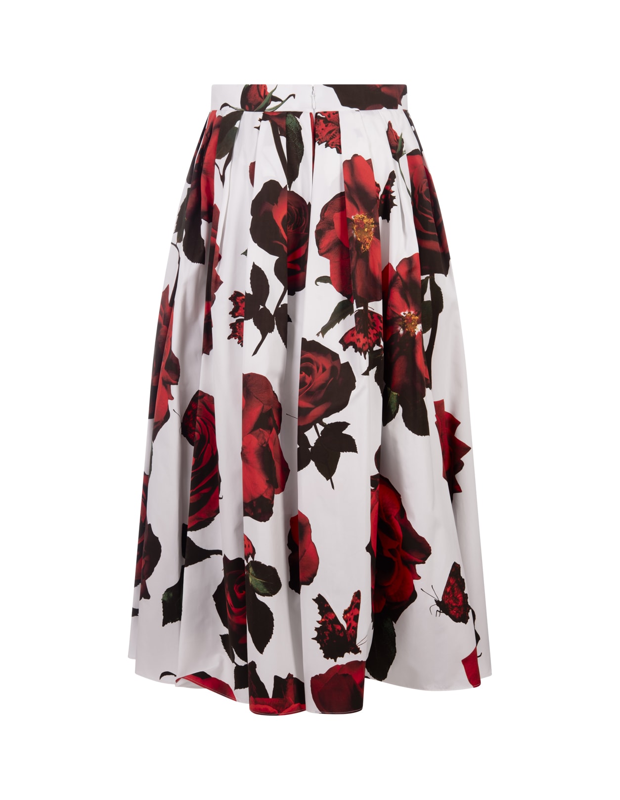 Shop Alexander Mcqueen Pleated Midi Skirt With Tudor Rose Print In White