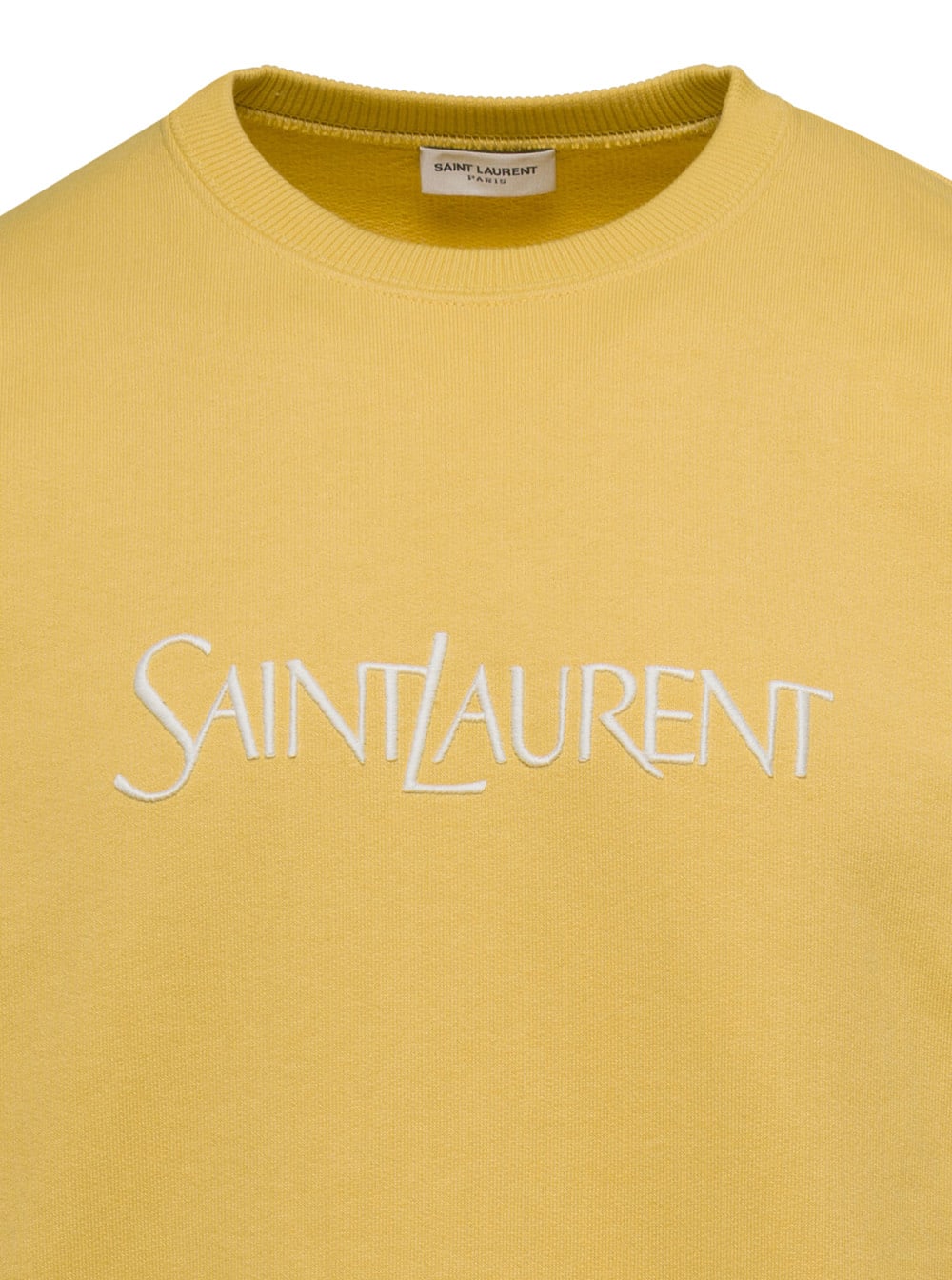 Shop Saint Laurent Yellow Crewneck Sweatshirt With Logo Lettering Embroidery In Cotton Man