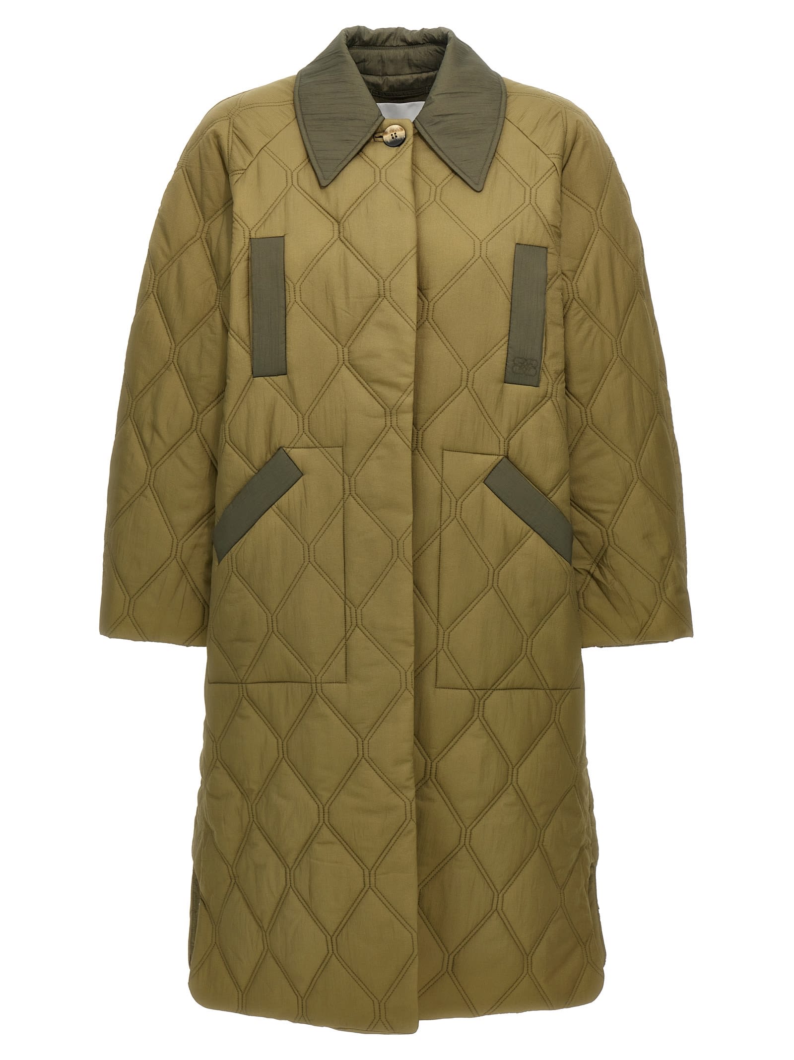 Shop Ganni Quilt Raglan Long Down Jacket In Green