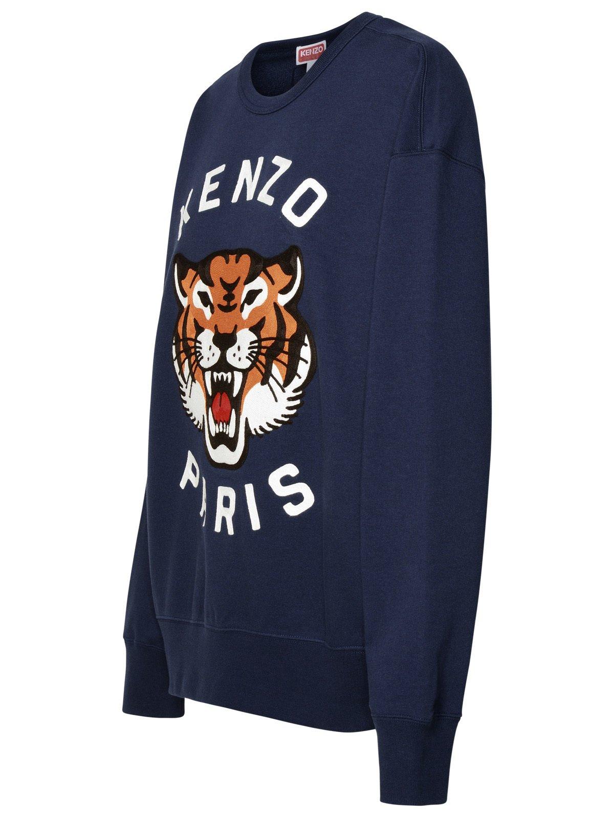 Shop Kenzo Lucky Tiger Logo Embroidered Sweatshirt In Blue