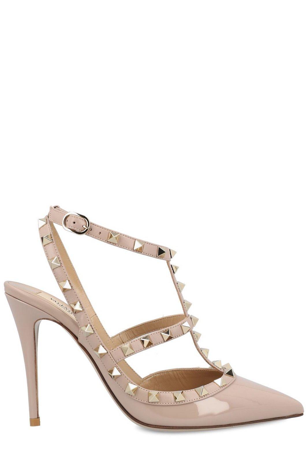 Shop Valentino Garavani Rockstud Pointed Toe Caged Pumps In Powder