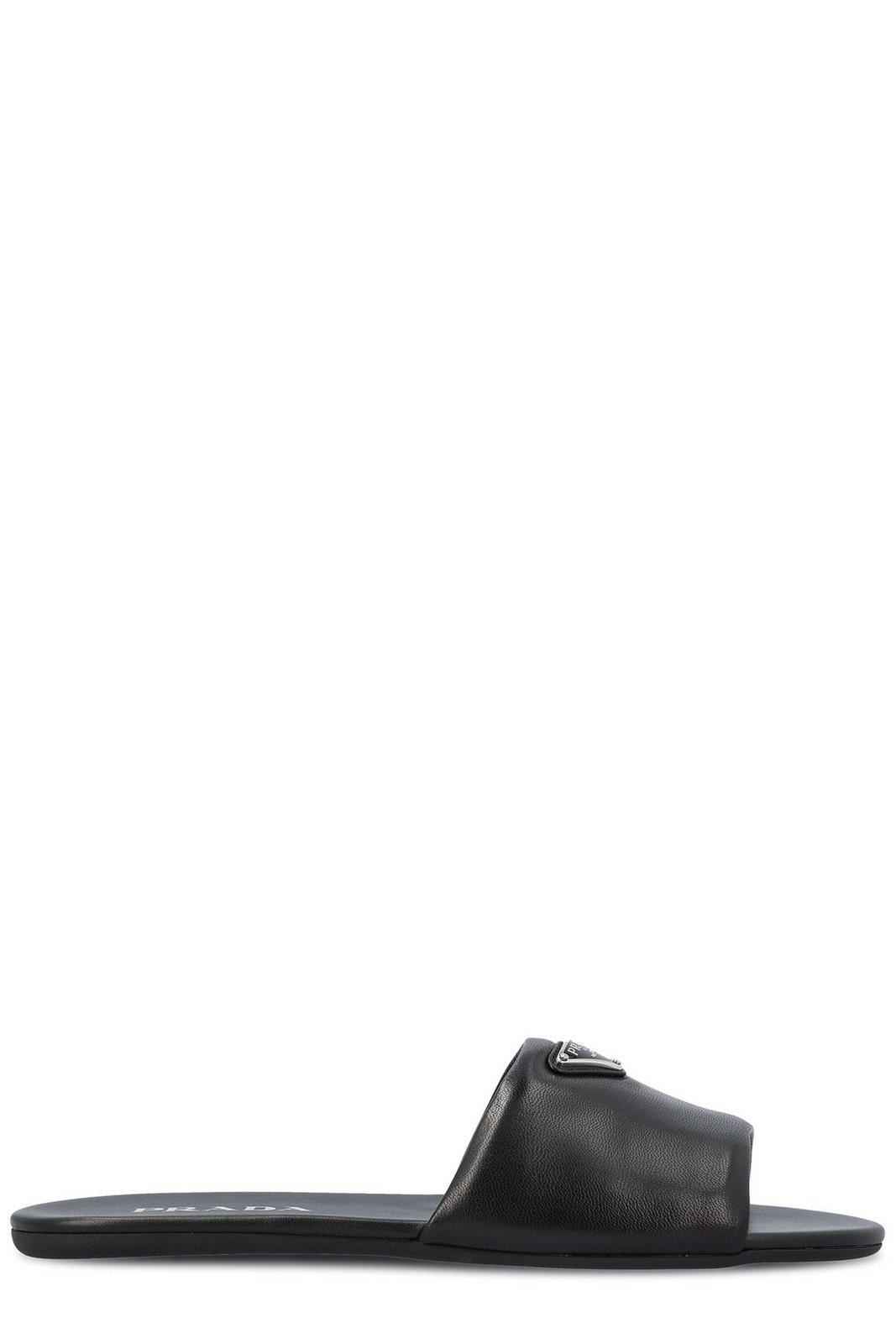Prada Triangle-logo Slip-on Sandals In Black