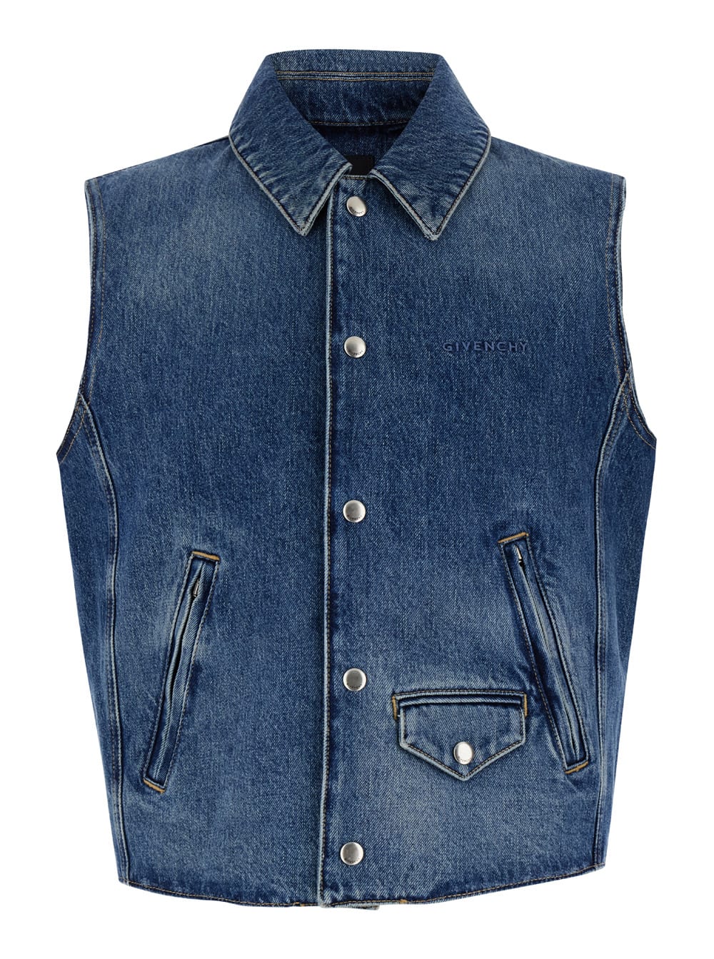 Shop Givenchy Light Blue Vest With Snap Buttons And Logo Embroidery In Cotton Denim Man