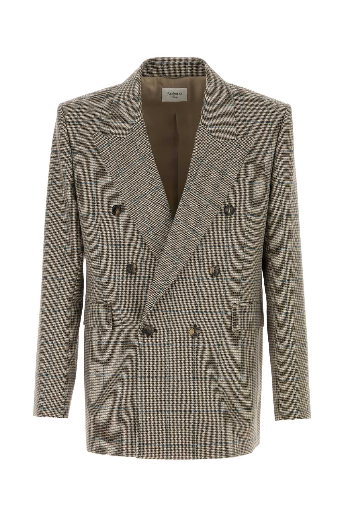 Saint Laurent Embroidered Wool Blazer In Gray