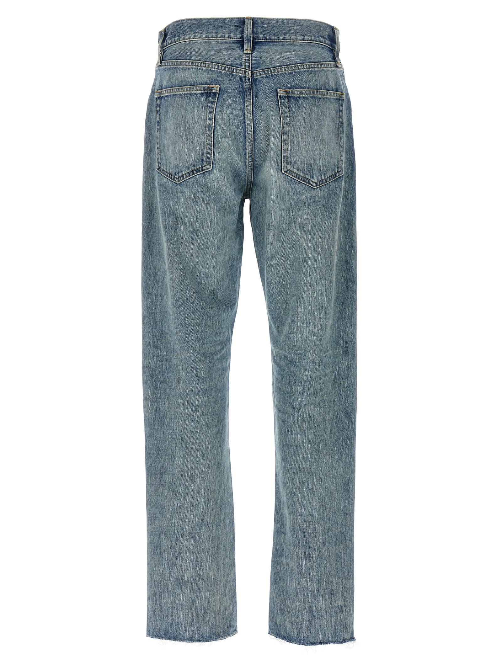 Fear Of God Five-pocket Raw Hem Straight Leg Jeans In Blue