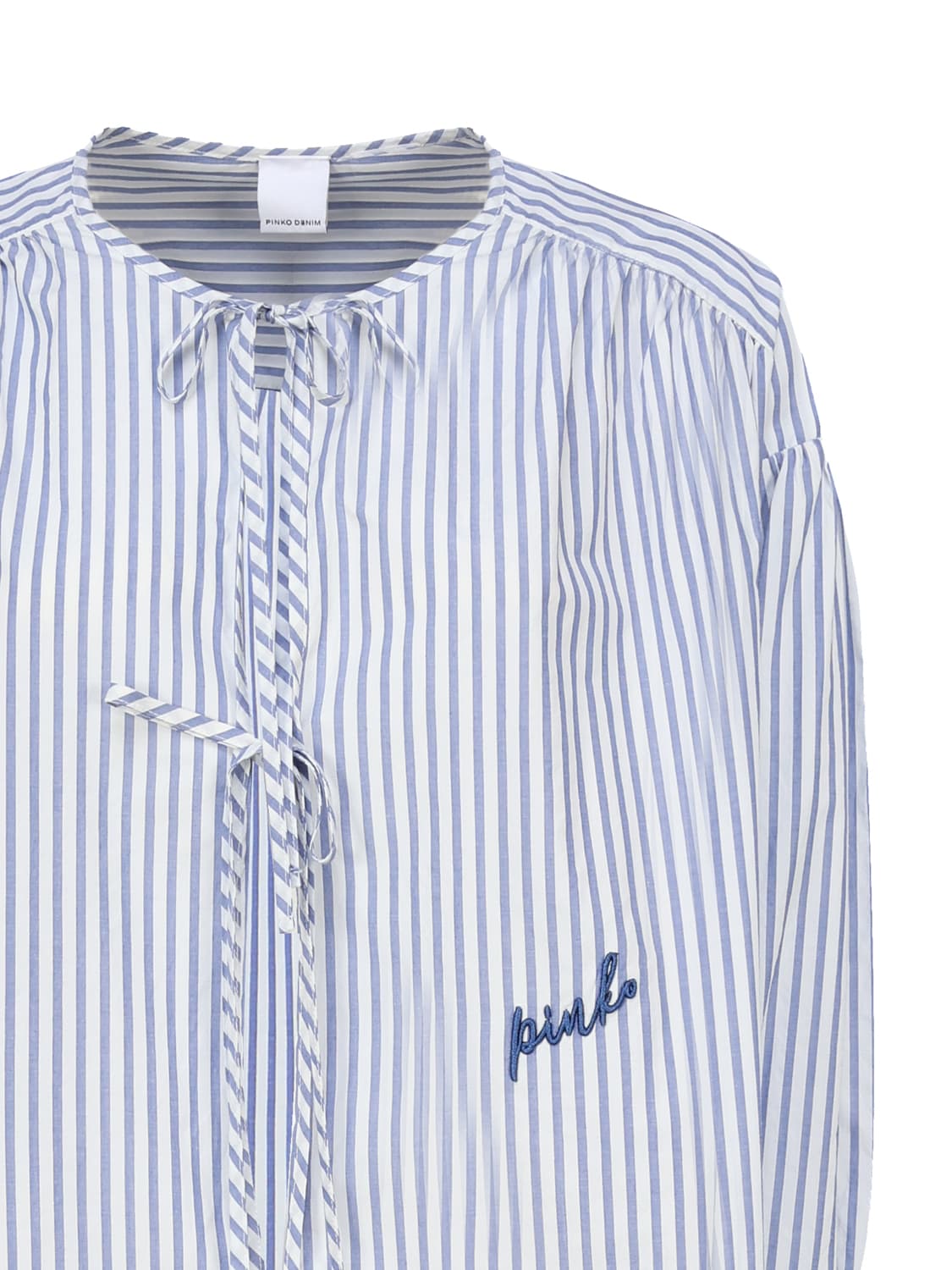Shop Pinko Striped Shirt With Bare Shoulders In Light Blue, White