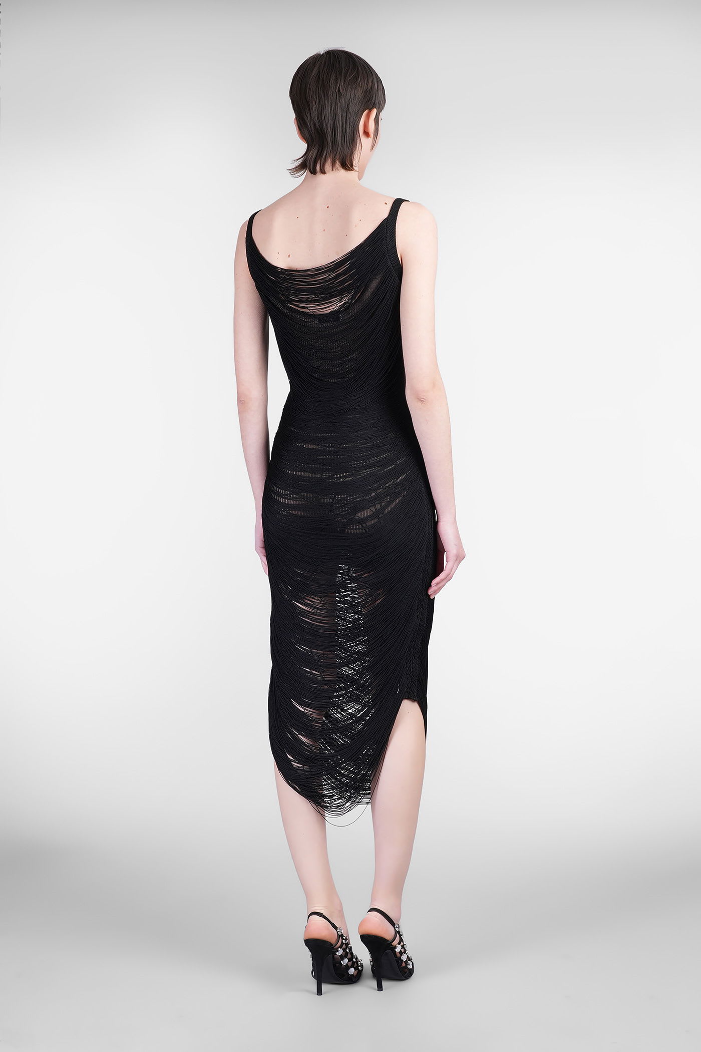 Attico Black Fringed Viscose Blend Knit Midi Dress In Black