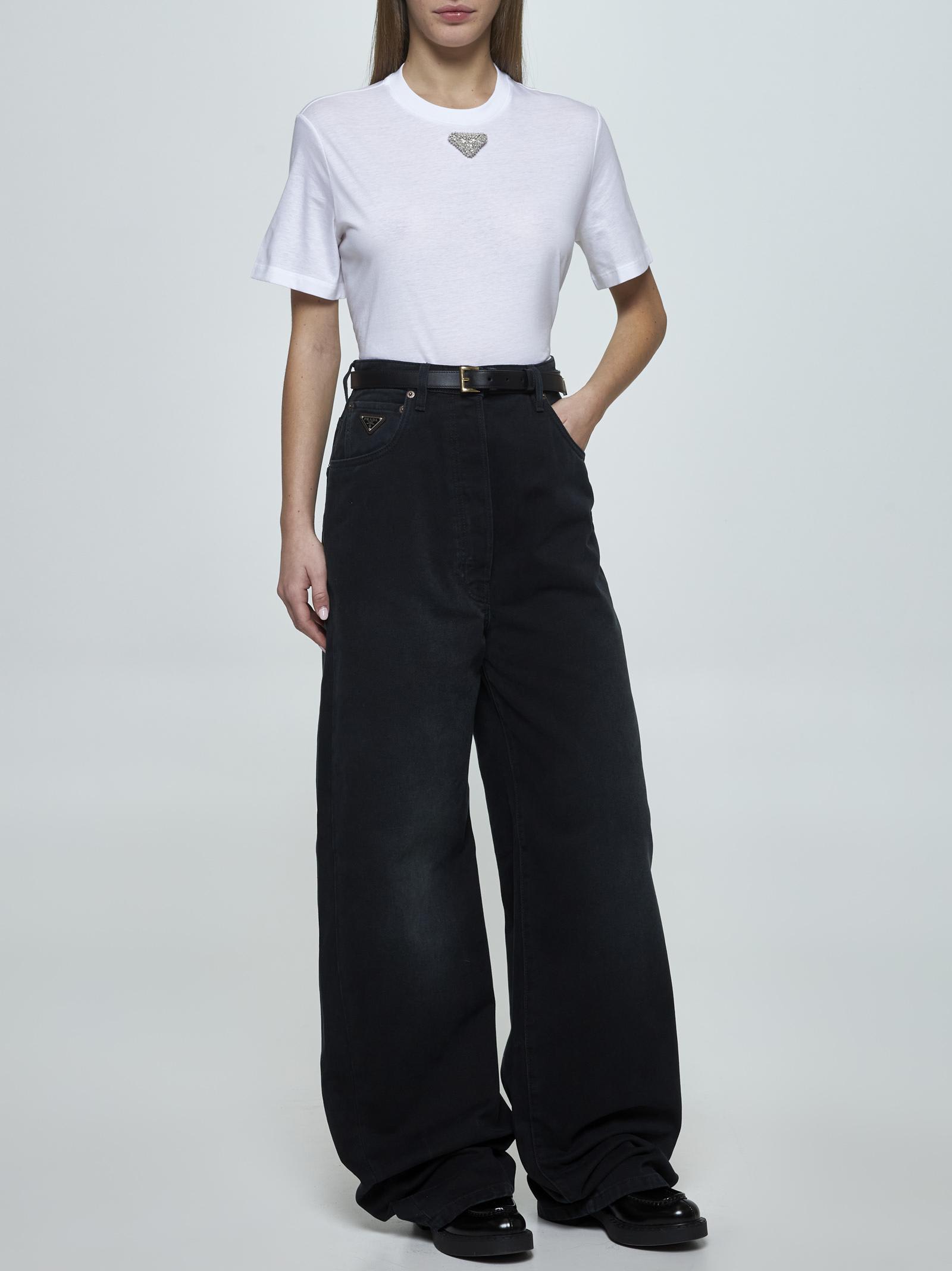 Prada White T-shirt In Jersey With Embroidered Triangle Logo Women In Bianco