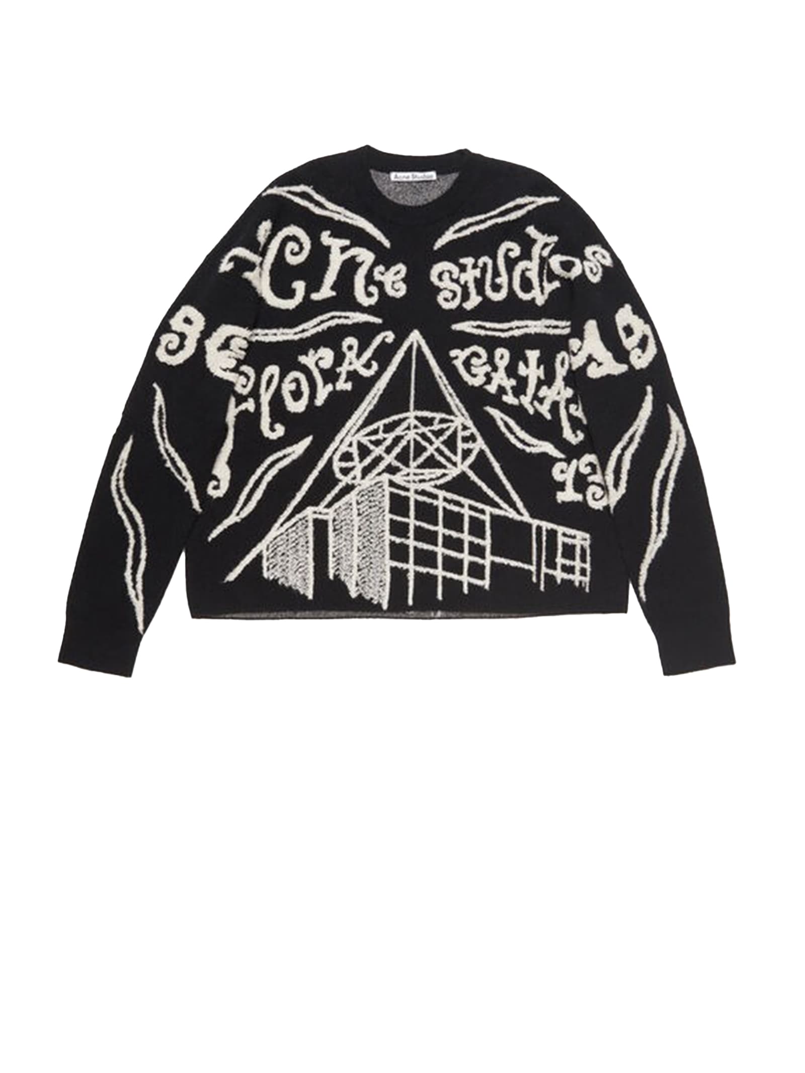 Shop Acne Studios Crew-neck Sweater With Jacquard Logo In Black Ecru