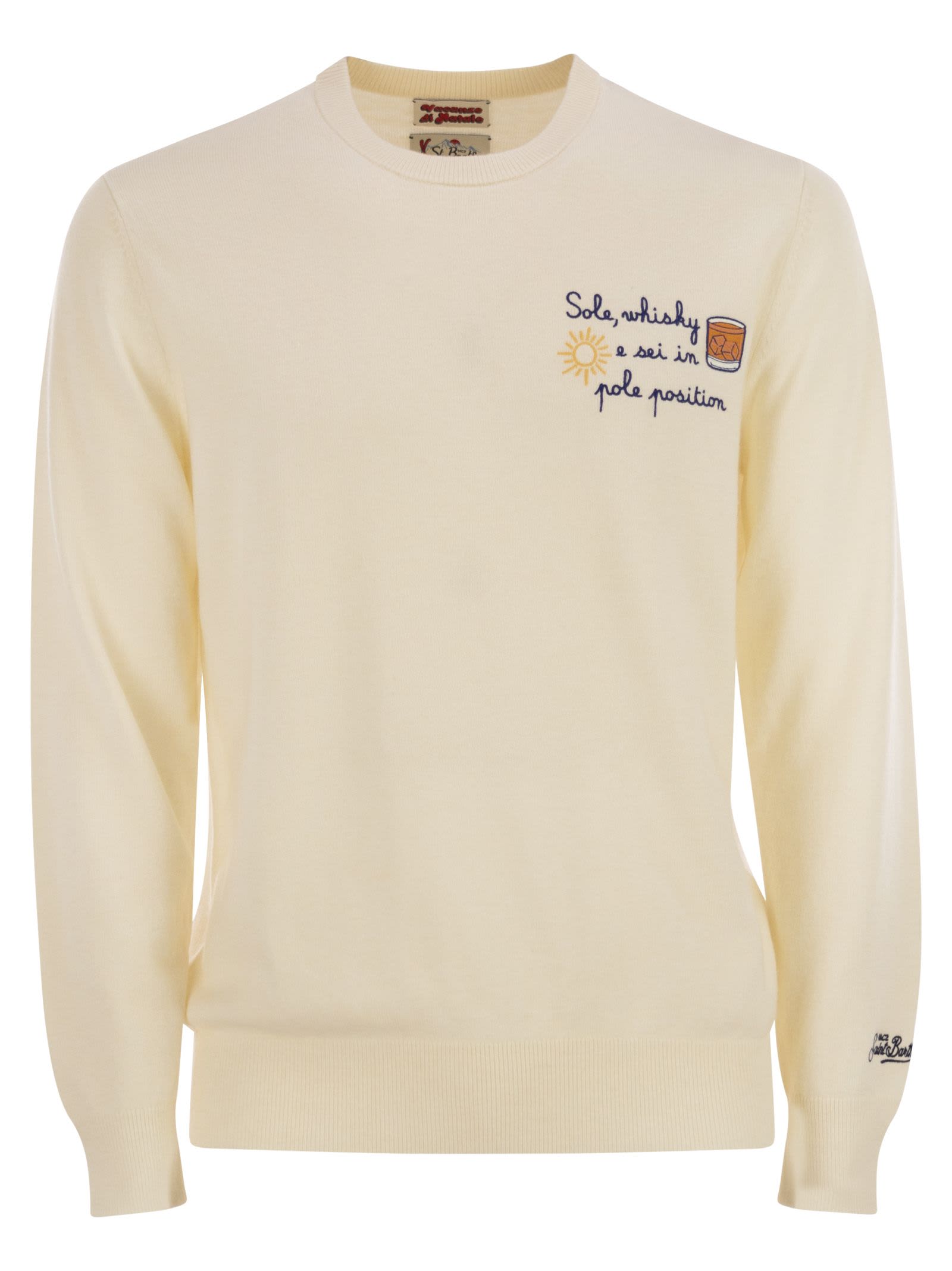 Mc2 Saint Barth Heron - Crew Neck Jumper With Embroidery On The Chest In White