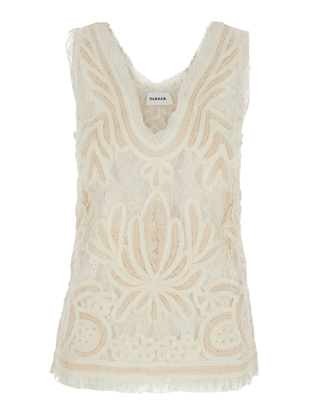 Parosh Beige Top With Drop Neckline And All-over Applied Motif In Lace Woman