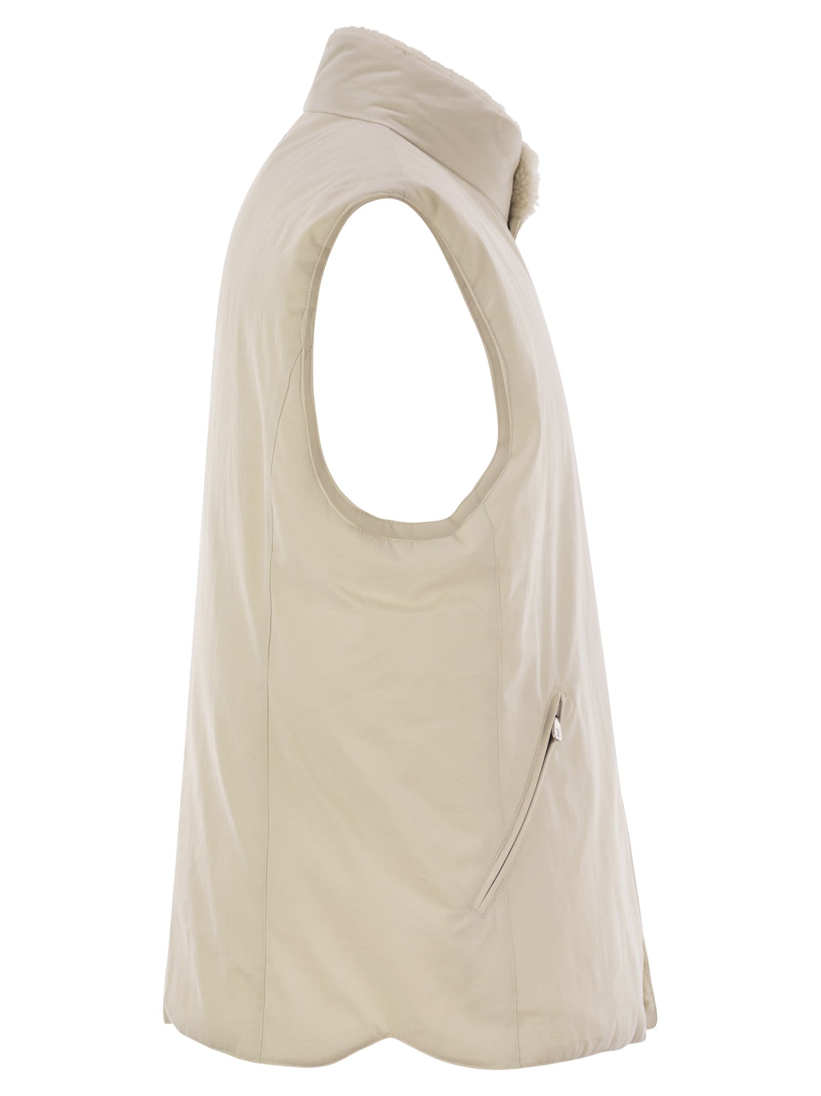 Shop Brunello Cucinelli Sleeveless Down Jacket With Sheepskin Collar In Ice