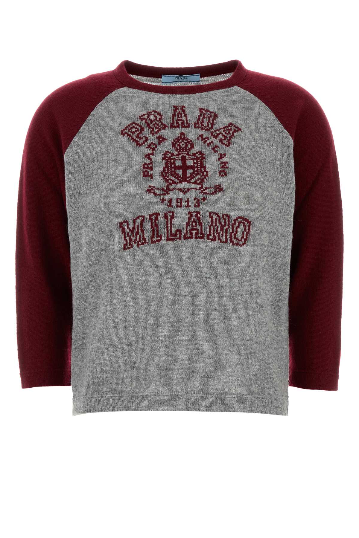 Prada Logo Intarsia Cashmere Sweater In Grigio+amaranto