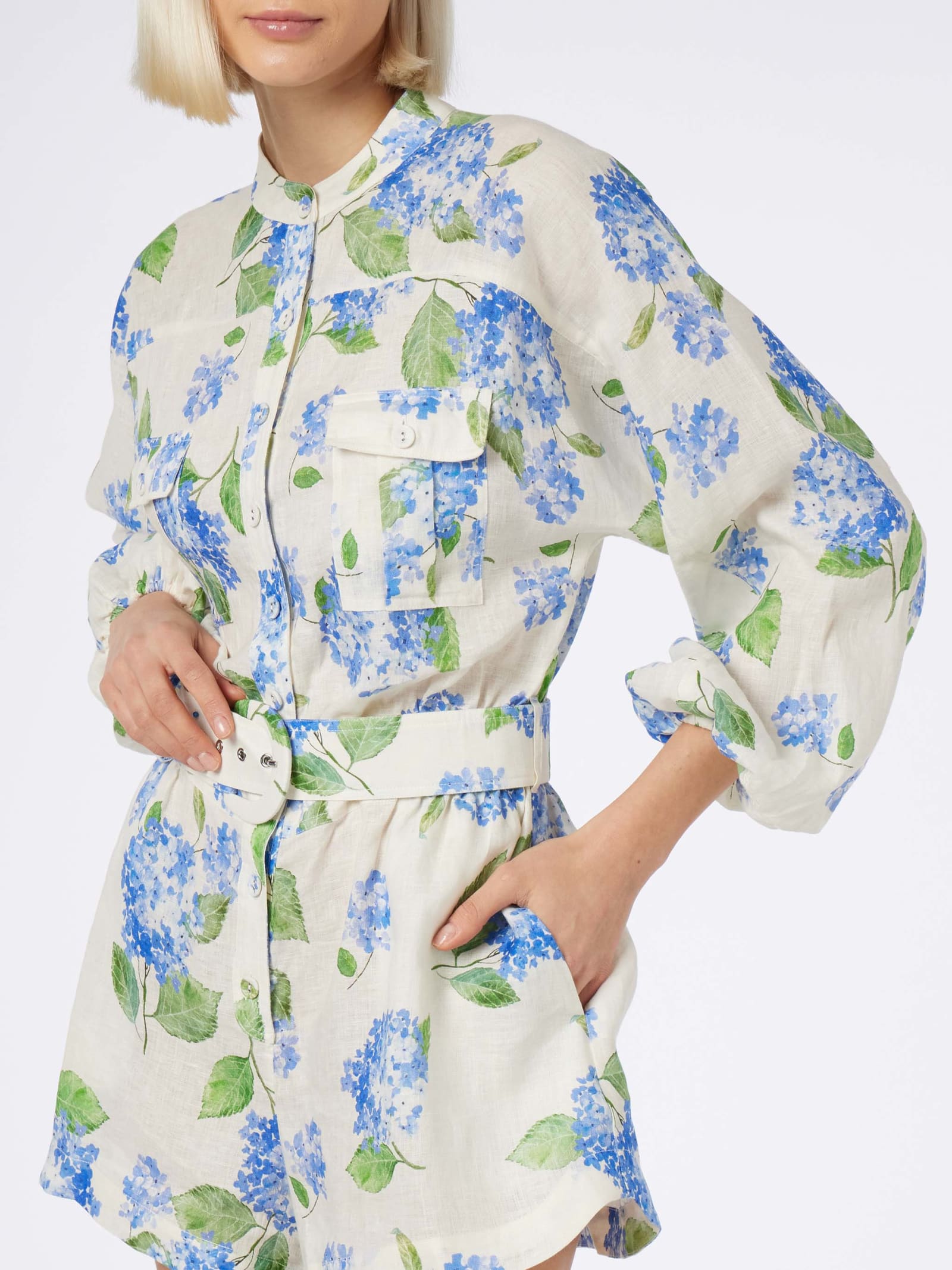 Shop Mc2 Saint Barth Woman Floral Linen Playsuit Hanniel In Sky