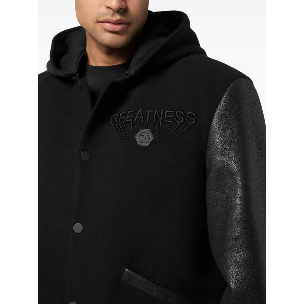 Philipp Plein Logo Bomber Jacket With Hood And Leather Sleeves In Black
