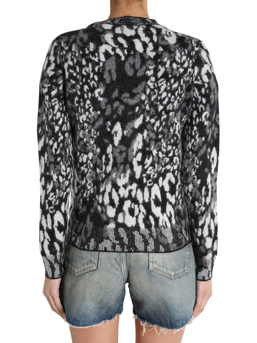 Shop Saint Laurent Leopard Intarsia Sweater In Black