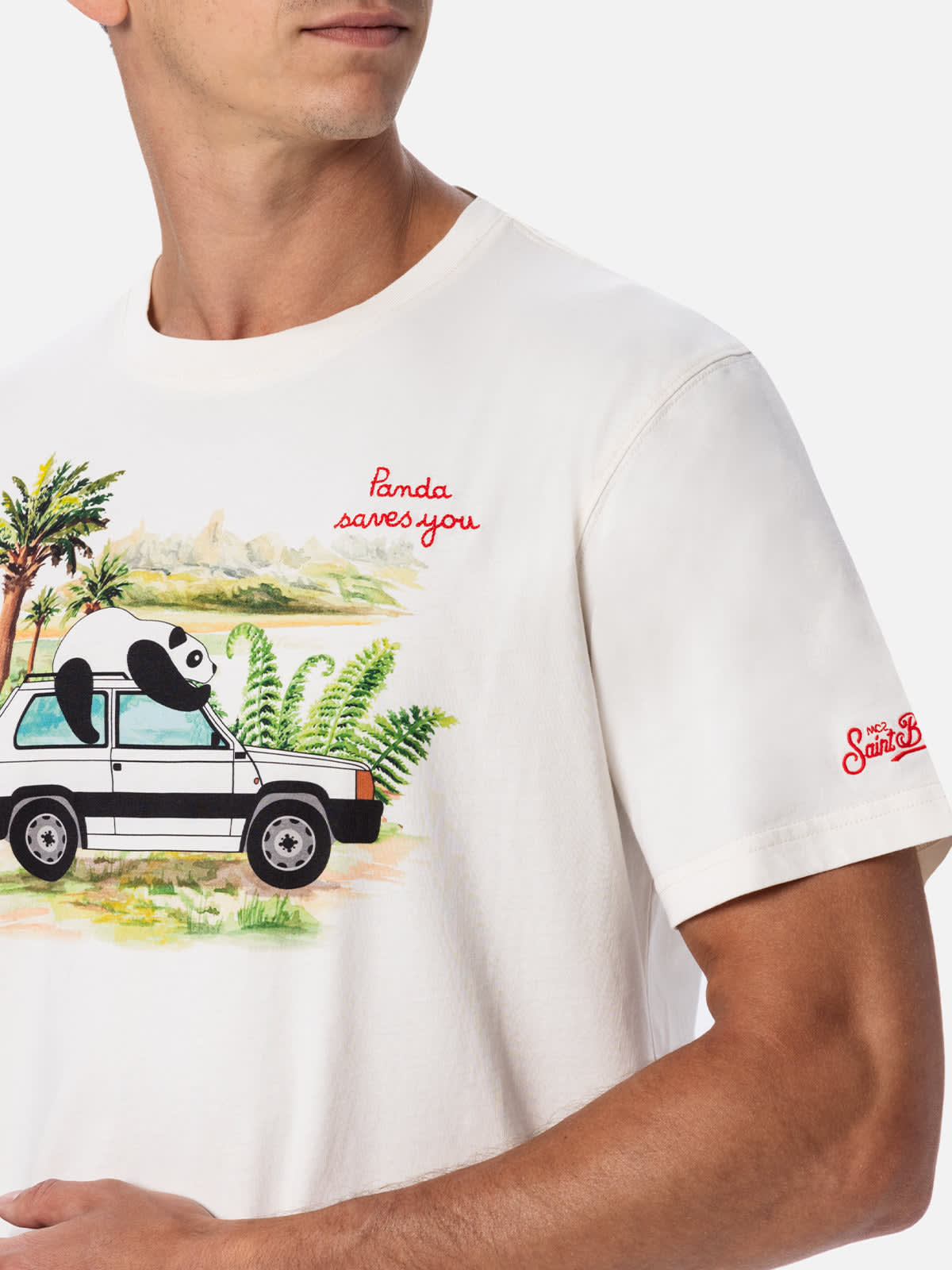 Shop Mc2 Saint Barth Man Cotton T-shirt With Panda On Panda Print And Embroidery Fiat Panda Special Edition In White