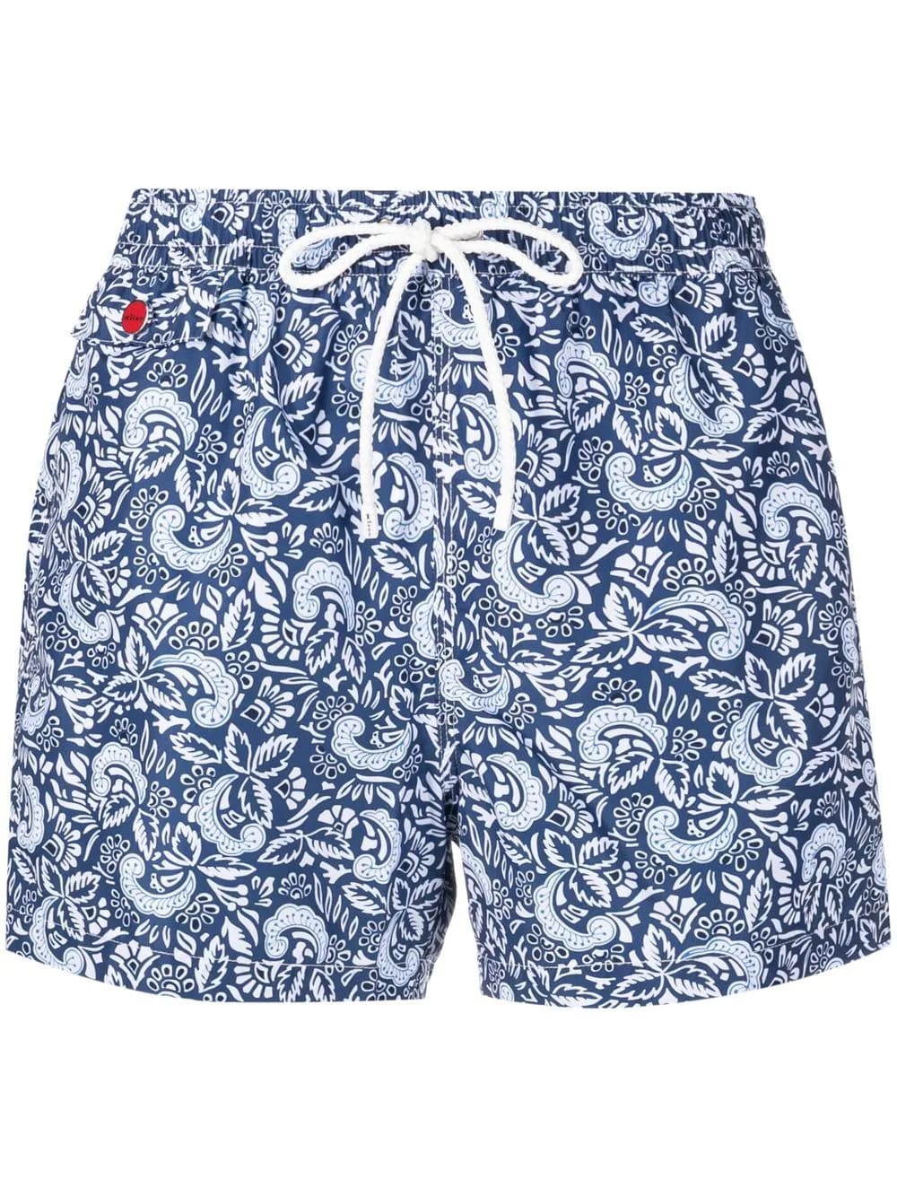 Kiton Navy Blue Swim Shorts With White Floral Paisley Print
