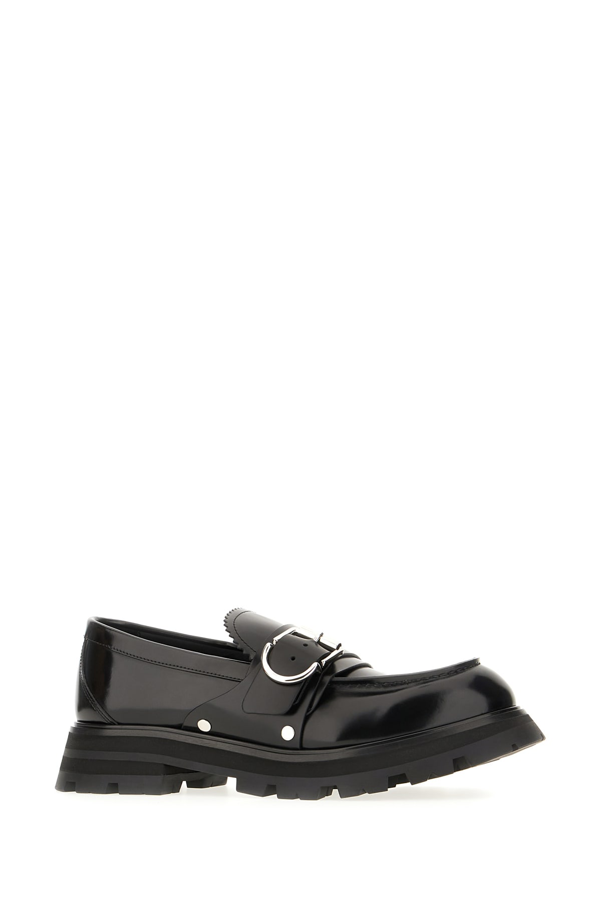 Shop Alexander Mcqueen Black Leather Loafers In Black Silver