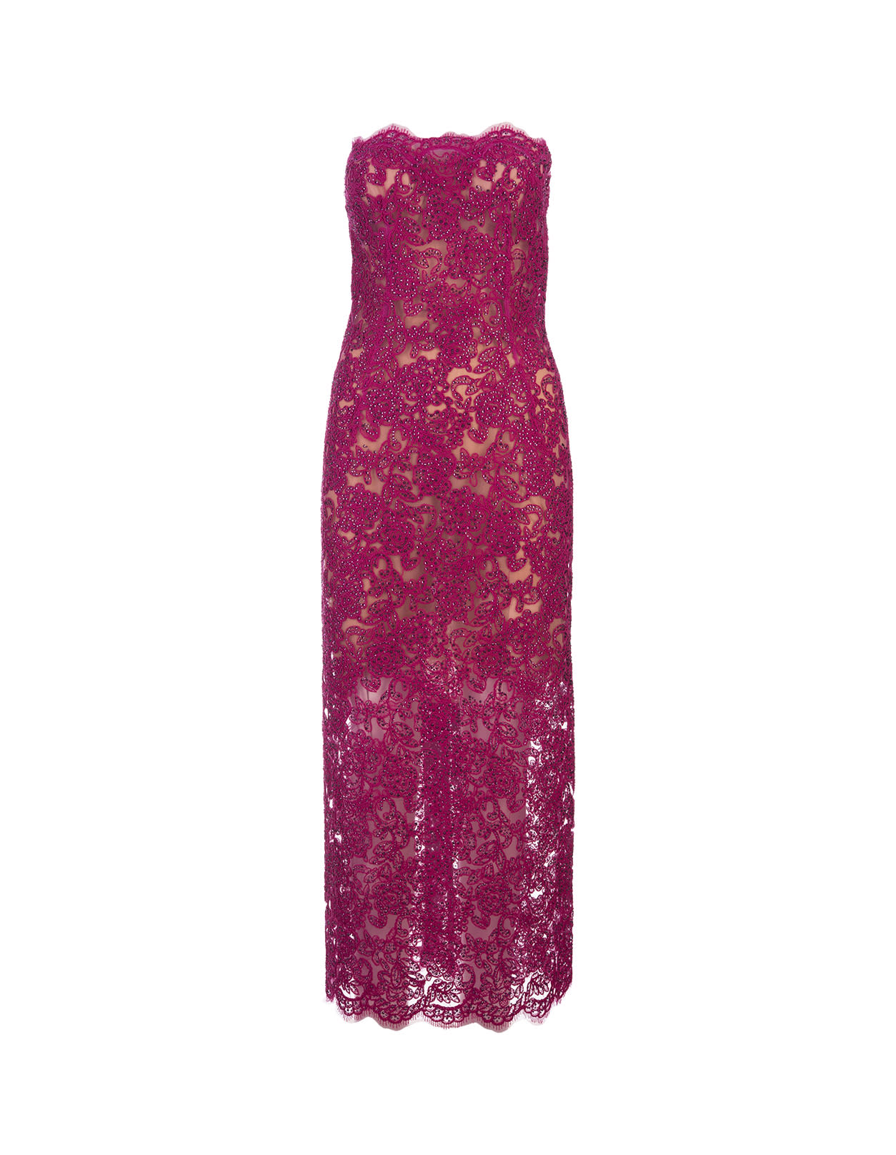 Fuchsia Lace Longuette Dress With Micro Crystals