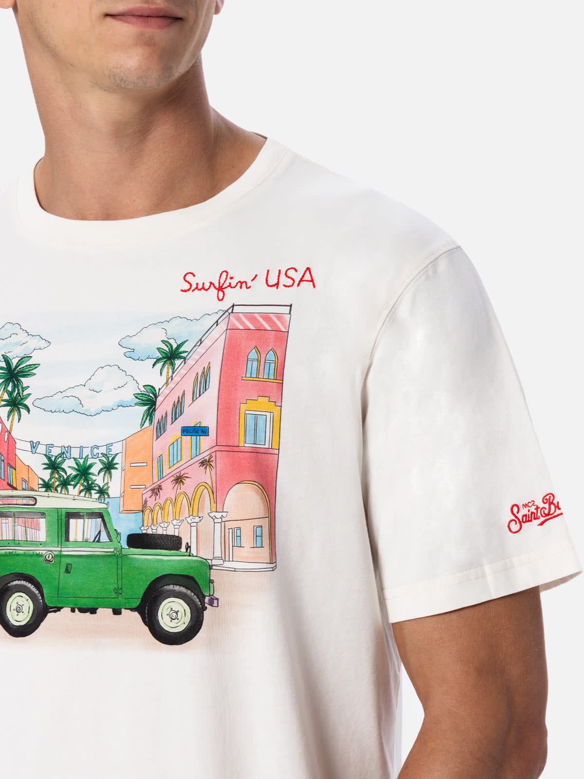 MC2 SAINT BARTH MAN COTTON T-SHIRT WITH PLACED PRINT AND SURFINUSA EMBROIDERY