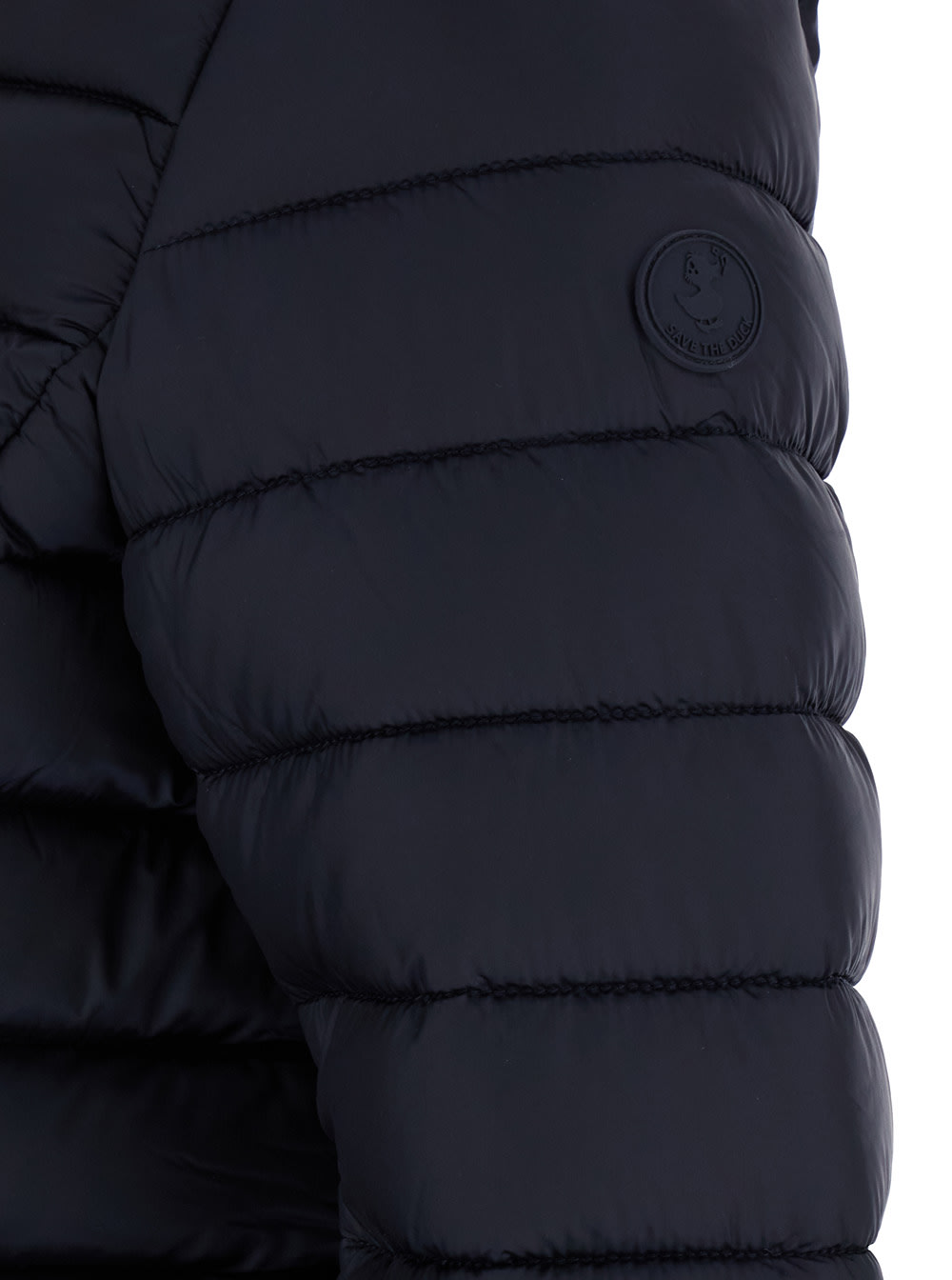 Shop Save The Duck Alexis Blue Hooded Down Jacket With Tonal Logo Print In Shiny Nylon Woman