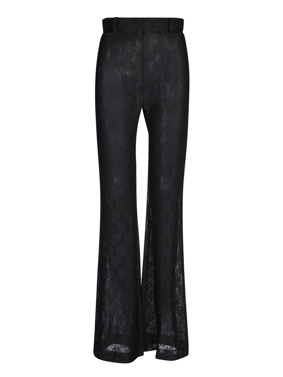 Shop Moschino High-waist Floral-laced Sheer Flared Trousers In Black