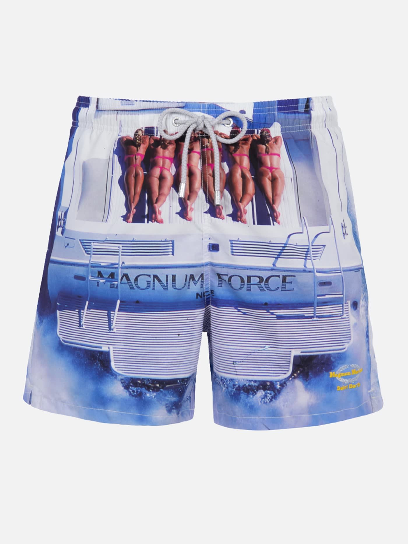 Mc2 Saint Barth Man Mid-length Gustavia Swim-shorts With Marvel Characters Placed Print Magnum Marine Special Editio In White