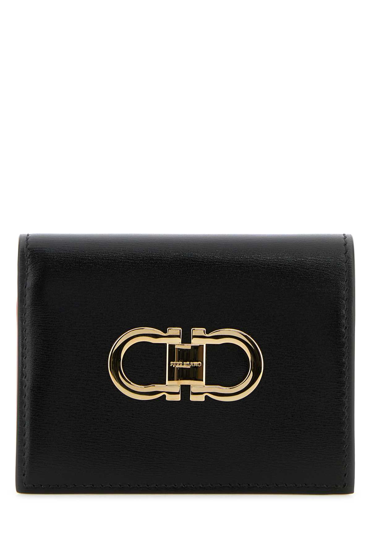 Ferragamo Leather Wallet Fold-over Design Gold-tone Hardware In Black